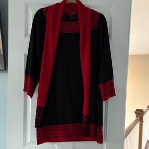 Macy's Black and Red Women's Cardigan with black leggings.